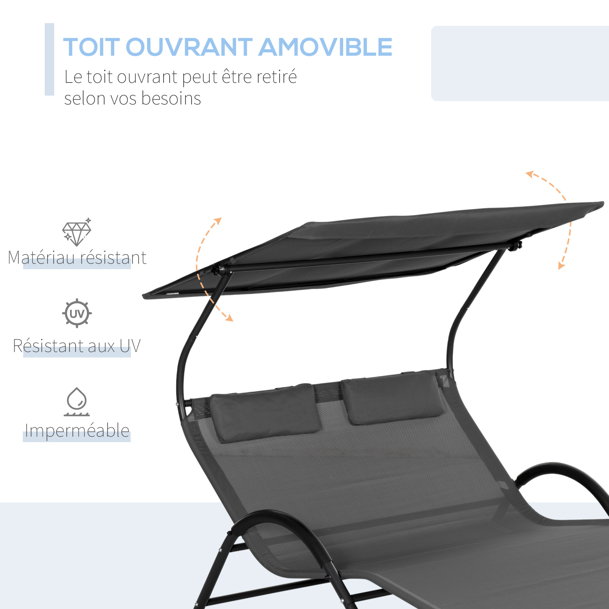 Balancelle de jardin 3 places grand confort toit inclinaison réglable épais coussins polyester acier époxy gris