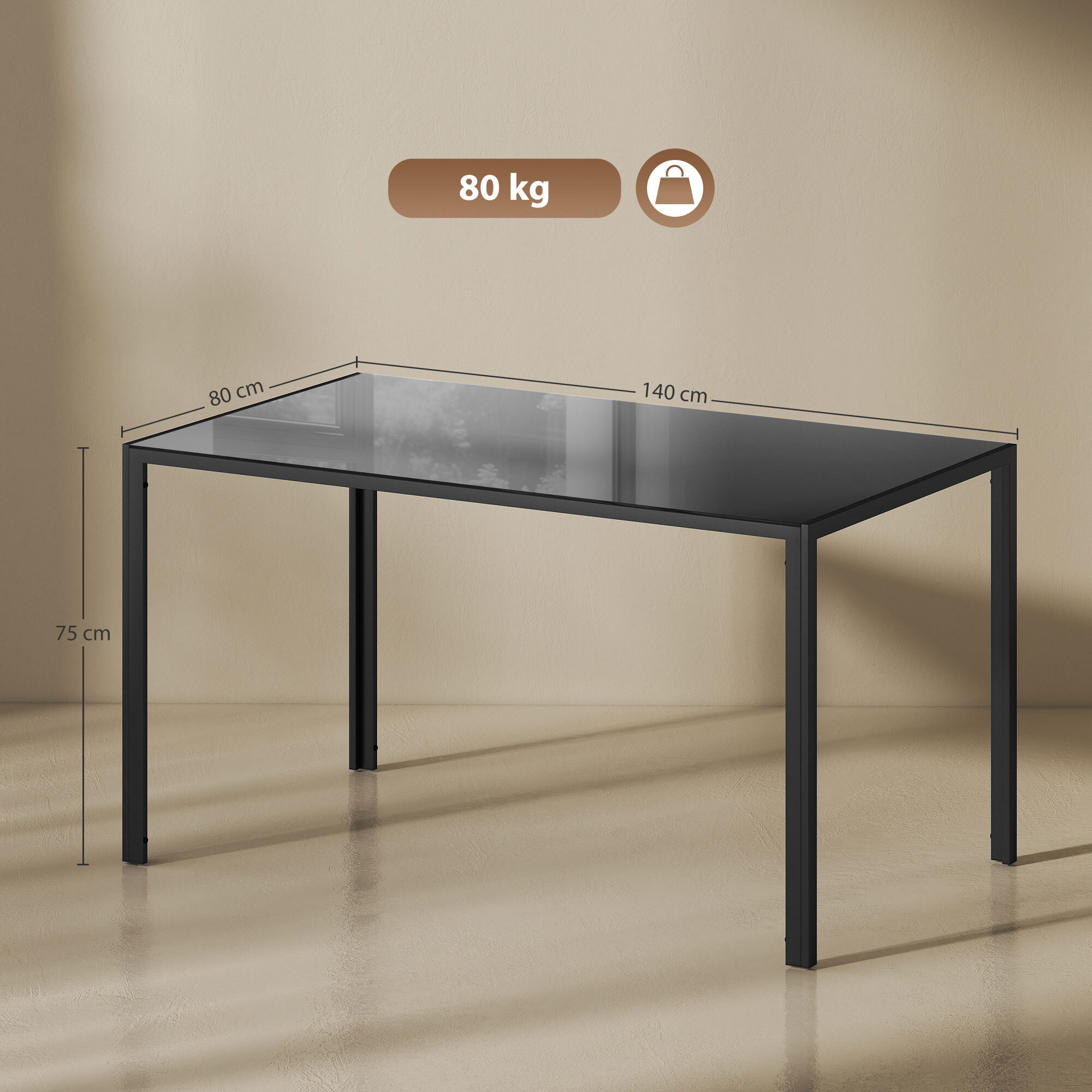 Mesa de Comedor de Cristal, Mesa Rectangular para 6 Personas con Patas de Metal, para Cocina, Salón, 140x80x75 cm, Negro