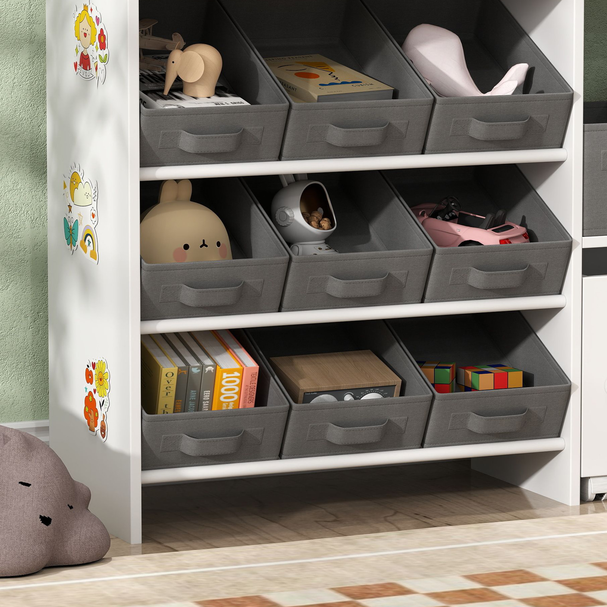 Estantería para Juguetes para Niños Organizador Infantil con 11 Cestas Extraíbles Compartimentos y Láminas de Pegatinas para Guardería Sala de Juegos 105x30x80 cm Blanco