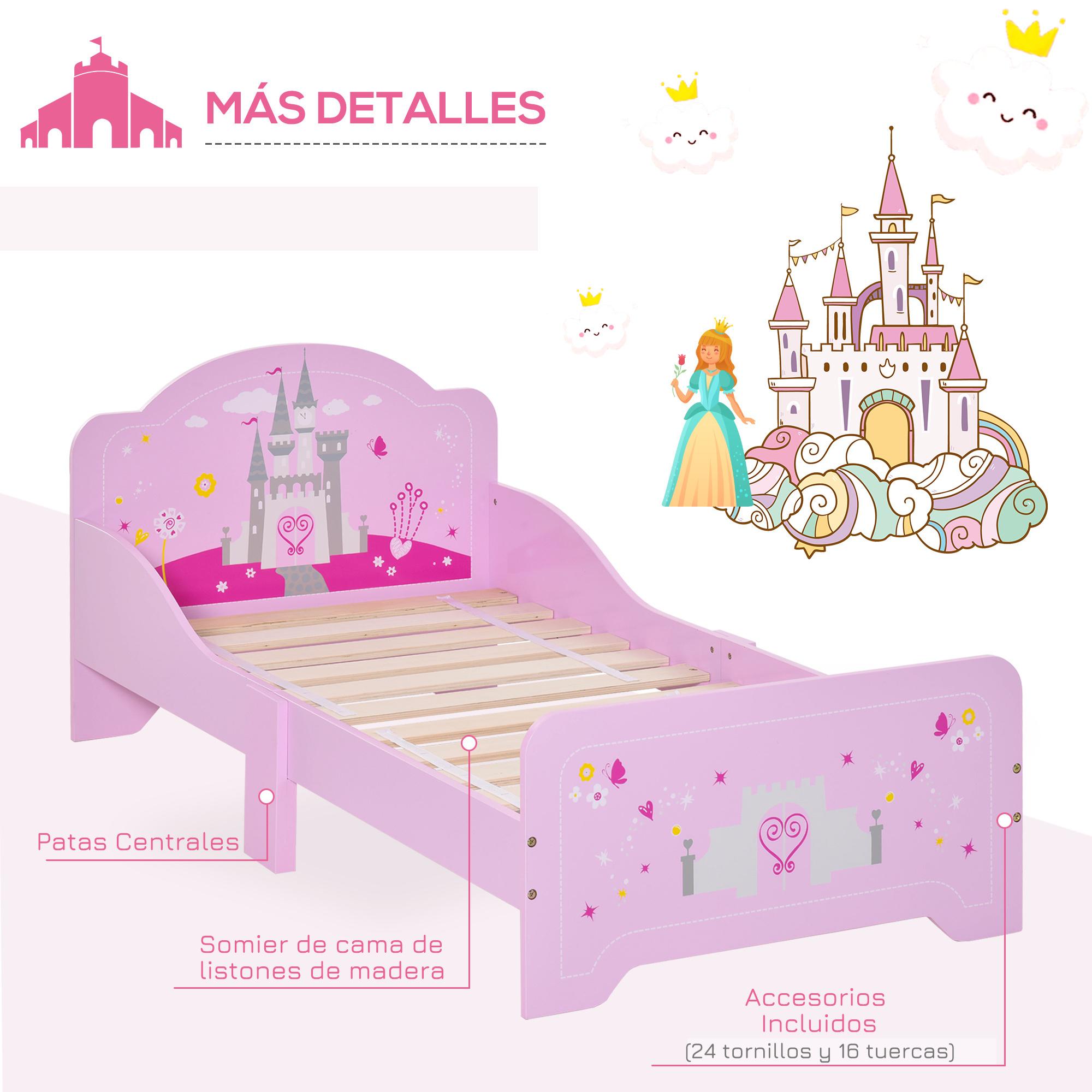 Cama Infantil de Madera para +3 Años con Lateral de Protección 143x73x60cm Rosa