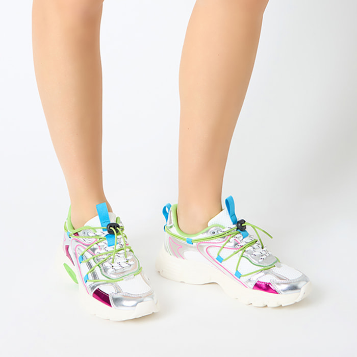 Sneakers donna bianche-argento in tessuto