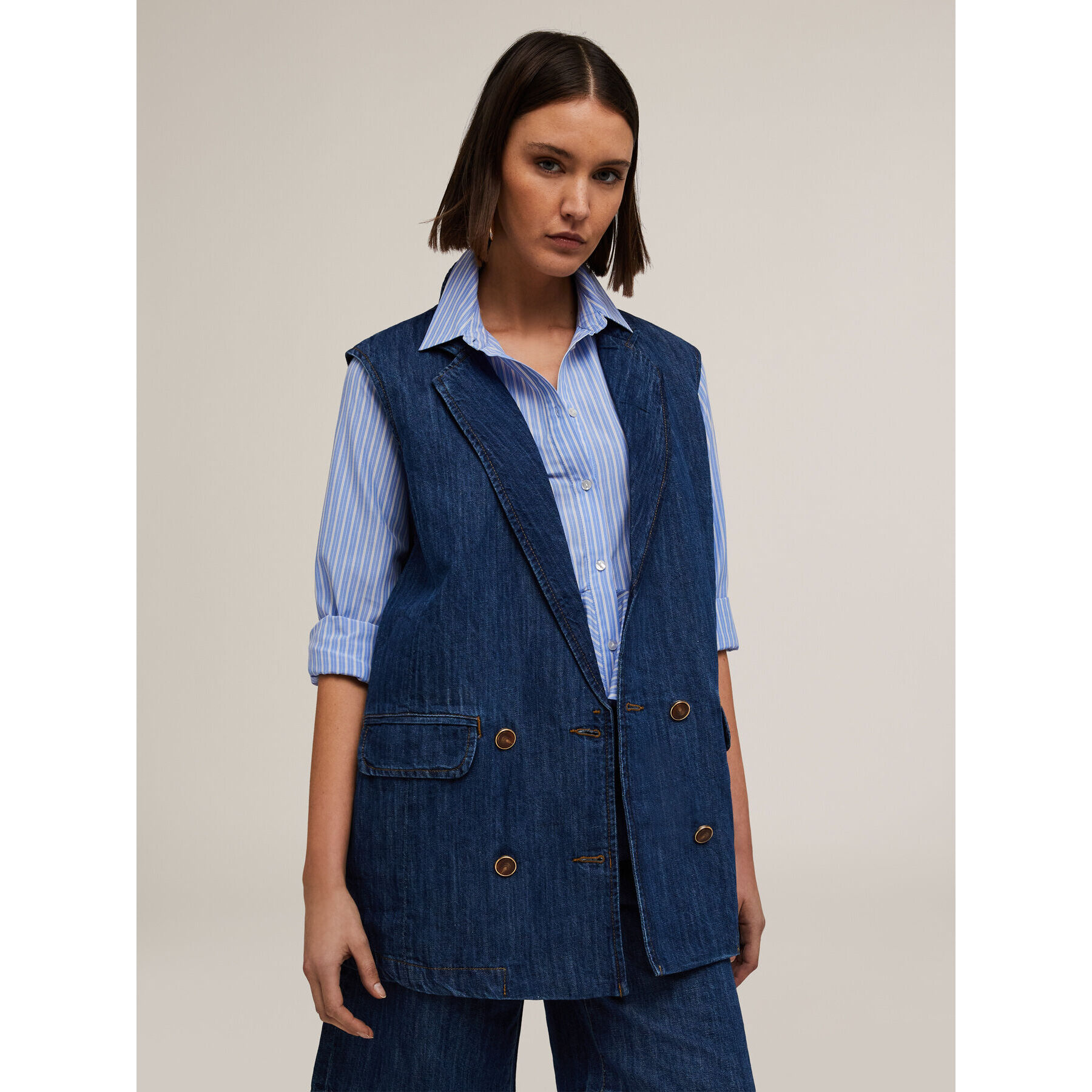 Motivi - Gilet doppiopetto over in denim misto lino - Blu