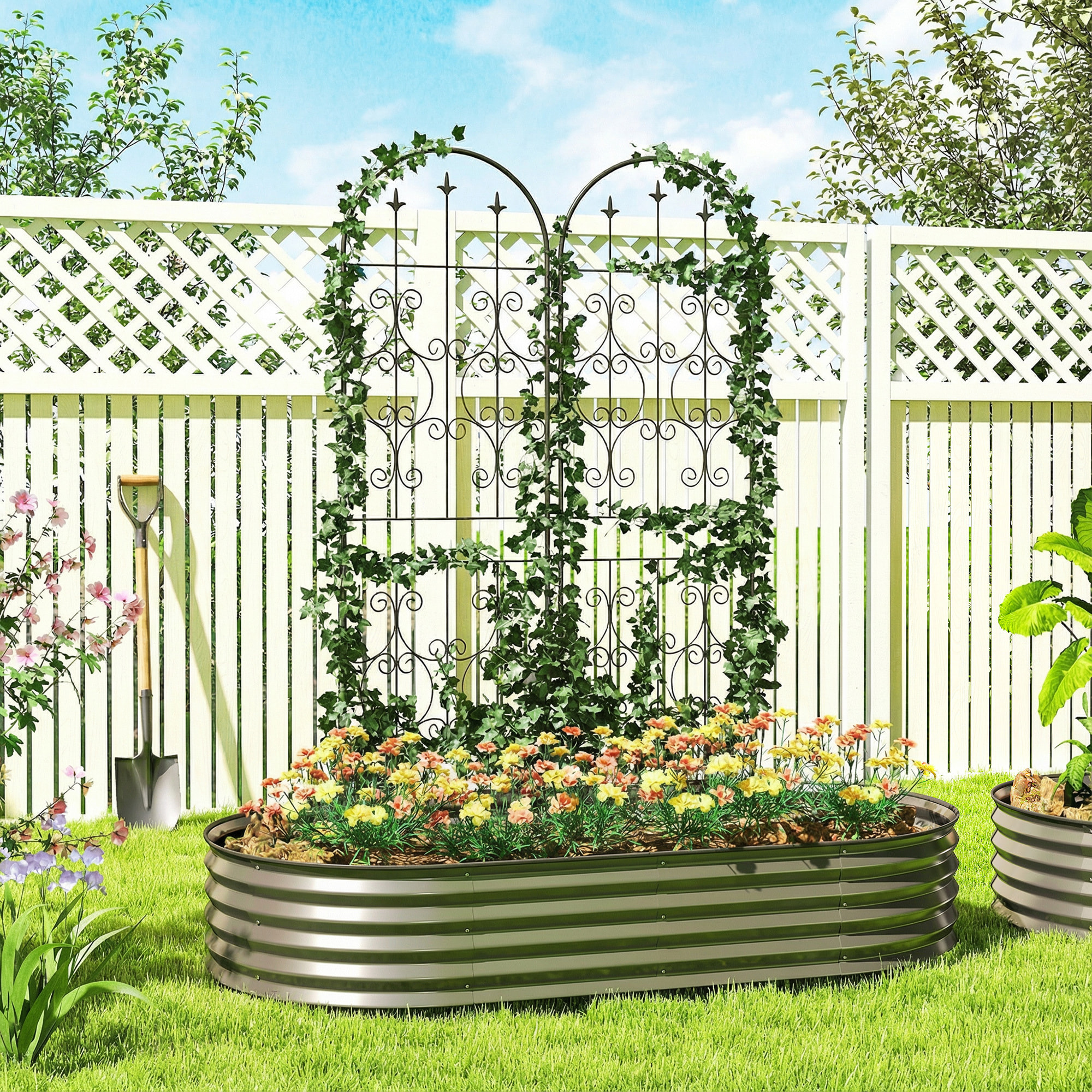 Treillis de jardin effet fer forgé pointe de fleur de lys  - 2 supports plantes grimpantes - 50 x 180 cm - métal époxy noir