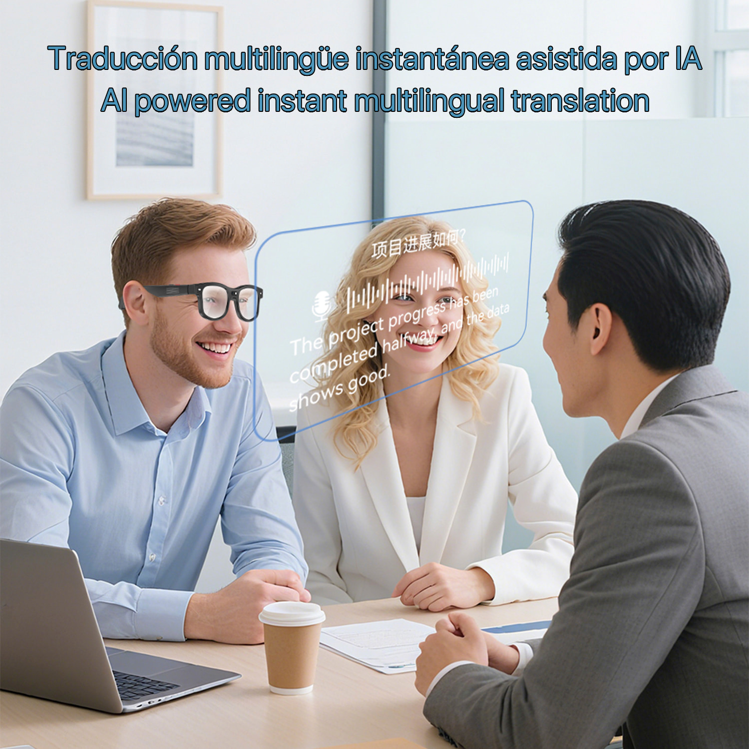 Gafas inteligentes AIMB-G3. Con cámara de 8 MPX, traductor Ai en tiempo real, asistente de voz, control de música y llamadas. Con 3 pares de lentes.