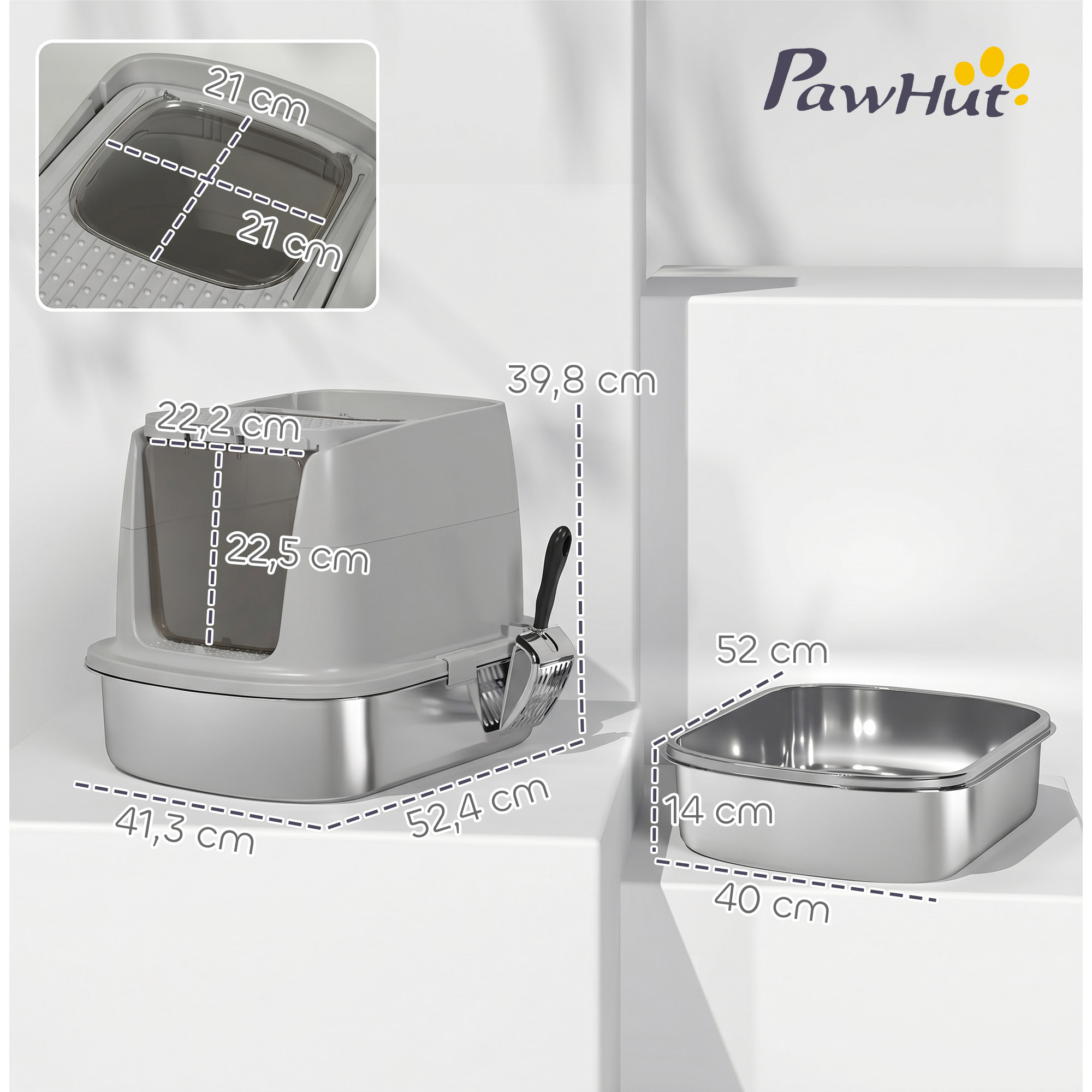 Arenero para Gatos de Acero Inoxidable L, Caja de Arena para Gatos con Tapa Abatible, Pala Metálica, Bolsa Desodorizante, Fácil de Limpiar, Antifugas, Gris Claro