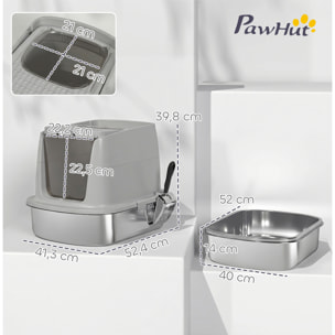 Arenero para Gatos de Acero Inoxidable L, Caja de Arena para Gatos con Tapa Abatible, Pala Metálica, Bolsa Desodorizante, Fácil de Limpiar, Antifugas, Gris Claro