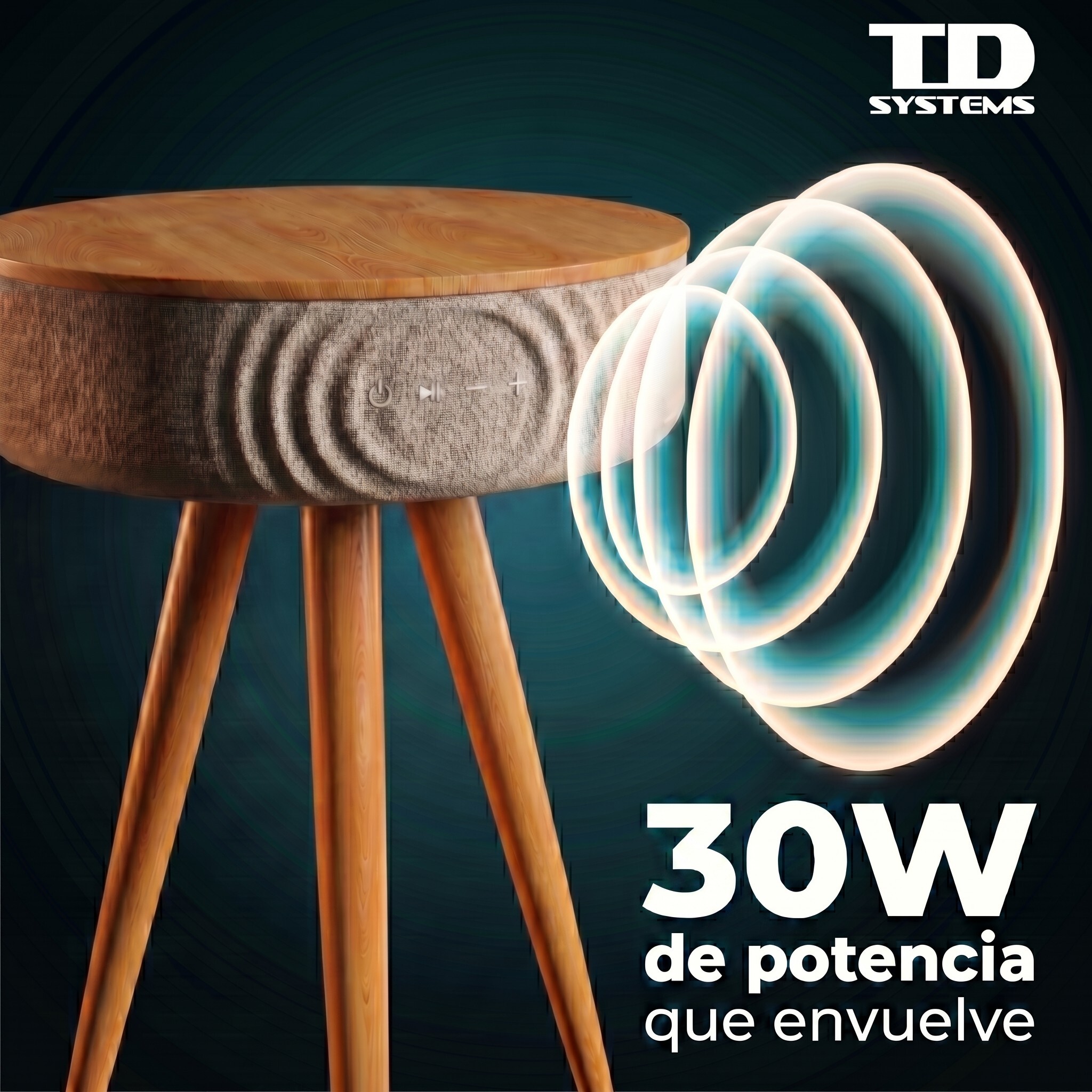 Mesa auxiliar altavoz portátil con sonido de 30W, Bluetooth, base de carga inalámbrica, batería de 2200mAh. Mesilla o mesita para dormitorio o sala de estar - TD Systems SM30B11WC [Madera cerezo]