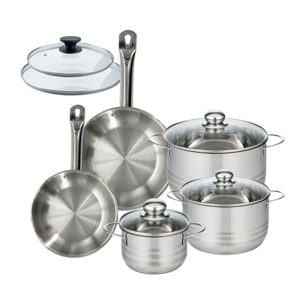Set 2 poêles en inox et 2 couvercles verre, 3 faitouts inox Fackelmann Eterna