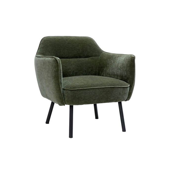 Fauteuil design en tissu effet velours vert kaki et métal noir LAURENS