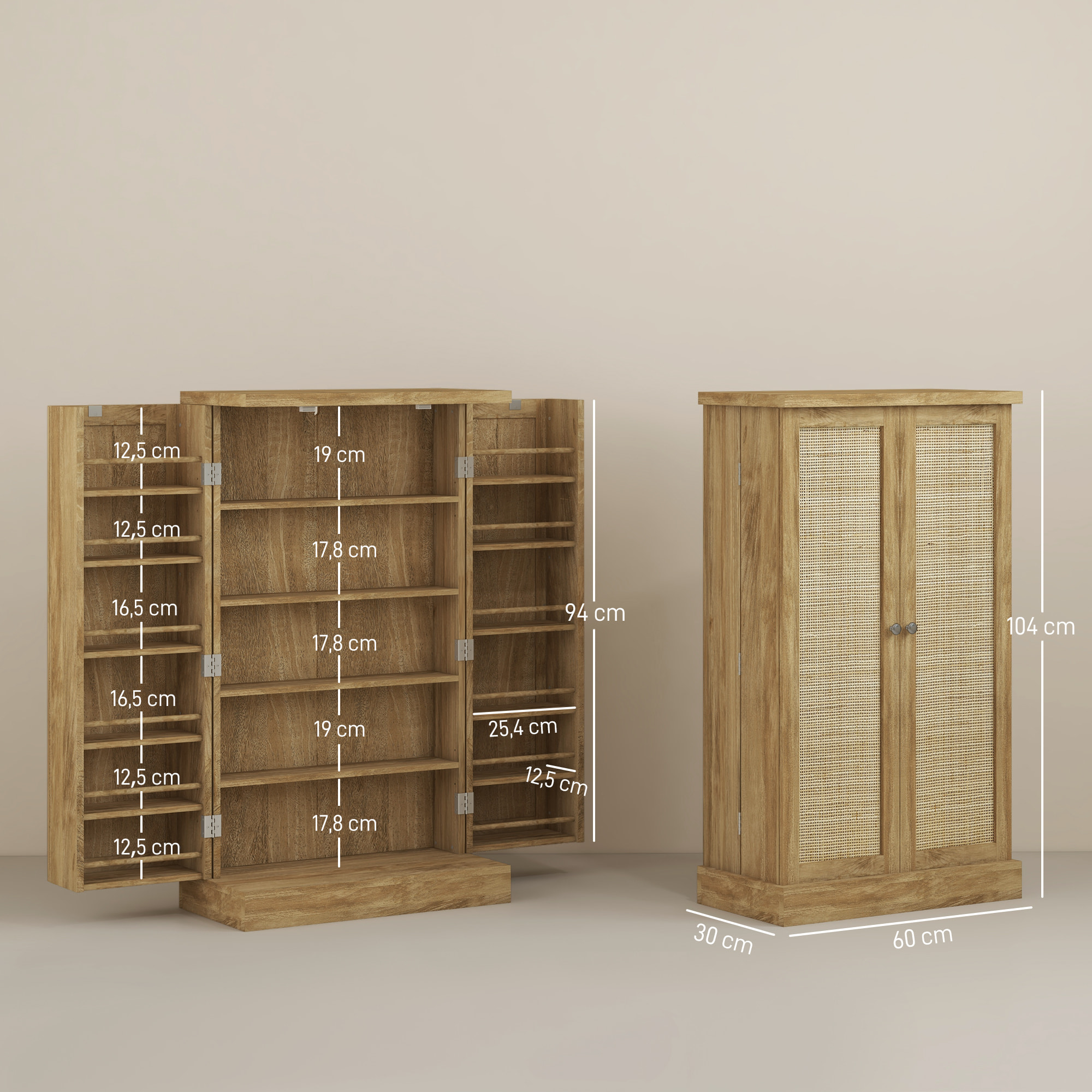 Armario de Cocina Armario Despensa Cocina con 2 Puertas de Ratán y 16 Estantes Alacena Moderna con Estantes Ajustables para Comedor Salón 60x30x104 cm Natural
