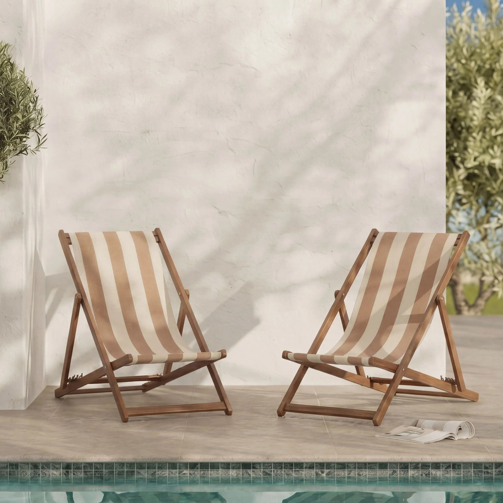 Lot de 2 chiliennes de jardin en acacia et tissu rayé écru et taupe - Bohol