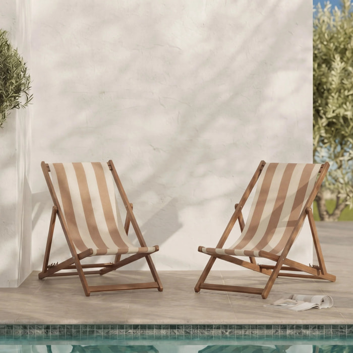 Lot de 2 chiliennes de jardin en acacia et tissu rayé écru et taupe - Bohol