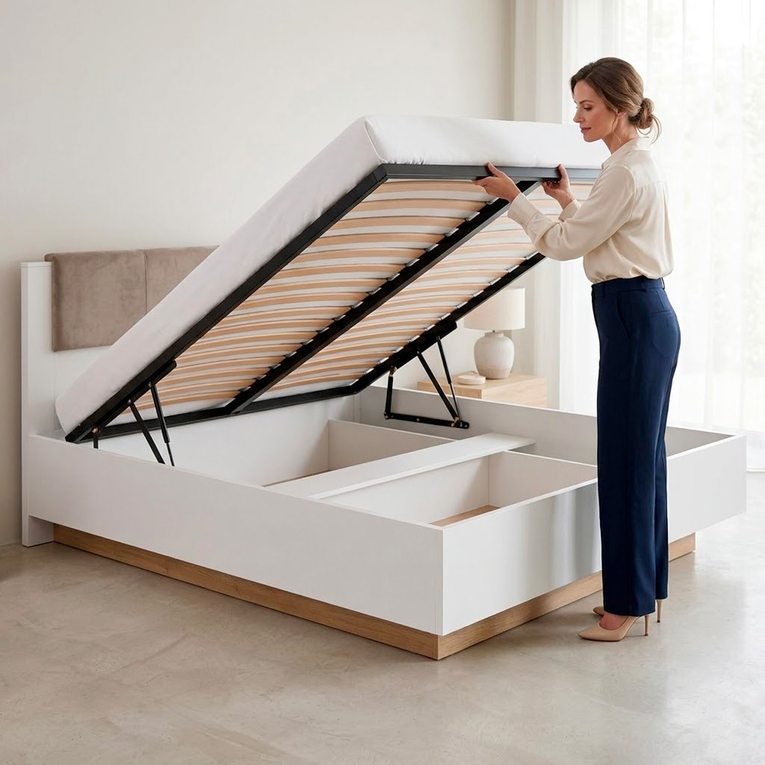 Testiera Imbottita Con Contenitore Letto Matrimoniale Mobile Camera Da Letto Struttura Moderna Zona Notte 165 x 104.5 x 210 Cm Bianco E Rovere