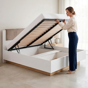 Testiera Imbottita Con Contenitore Letto Matrimoniale Mobile Camera Da Letto Struttura Moderna Zona Notte 165 x 104.5 x 210 Cm Bianco E Rovere