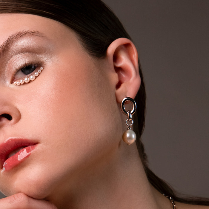 PERLAVIVA - Orecchini Pendenti in Argento 925 placcato Oro Bianco 18Kt con Maglie Ovali e Perle Ming Bianche d'Acqua Dolce Ø11/12mm