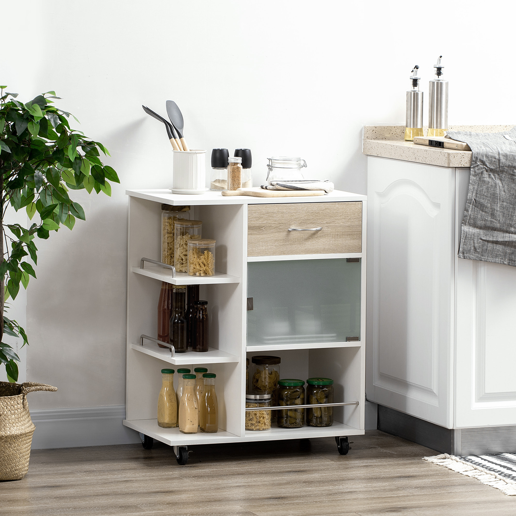 Desserte de cuisine style contemporain - 3 étagères, niche, porte verre, tiroir - blanc effet bois naturel