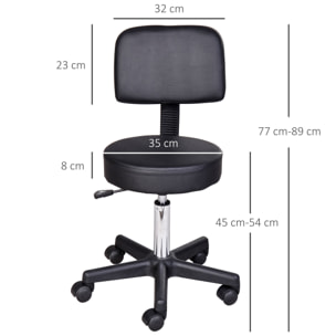 Tabouret massage à roulettes réglable en hauteur pivotant avec dossier ergonomique noir