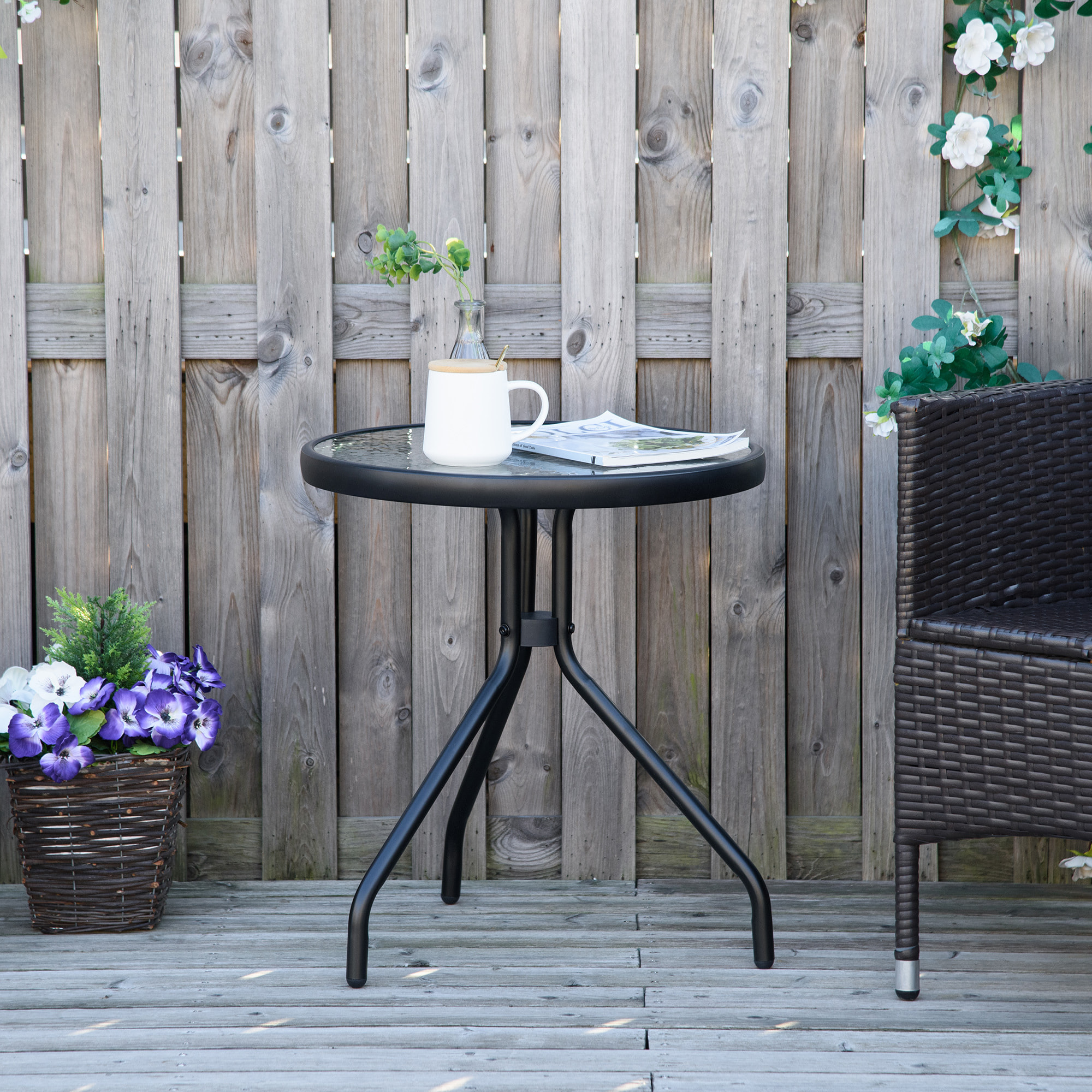 Mesa de Jardín Redonda con Tablero de Cristal para Patio Terraza Ø50x55 cm Negro