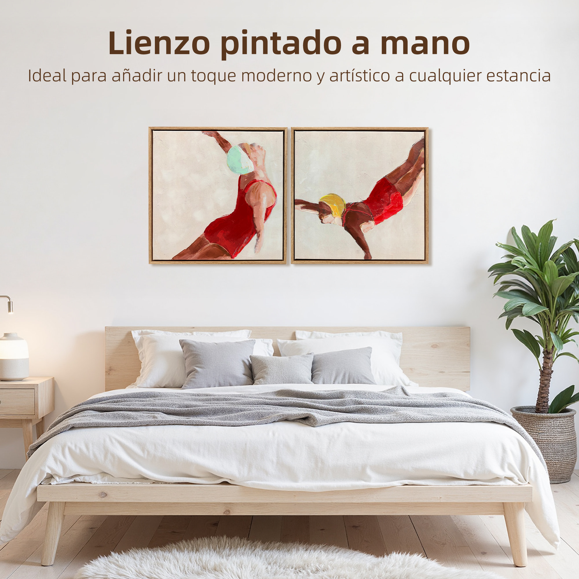 Cuadros en Lienzo de Figuras Dinámicas a Mano, 40x40 cm, 2 Piezas, Cuadros de Arte de Pared Enmarcados, Decoración Moderna para Dormitorio, Salón, Cocina, Rojo