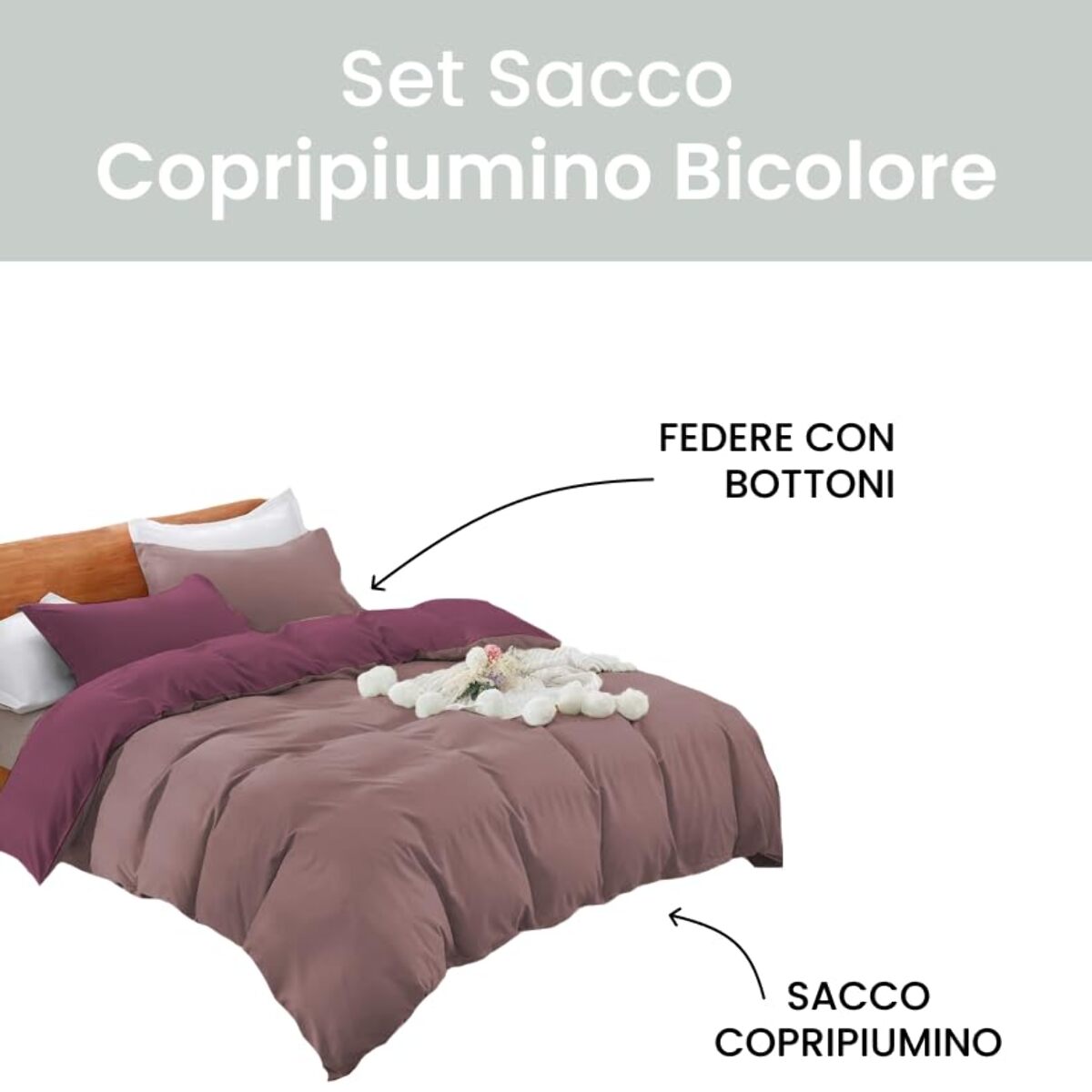 Parure Copripiumino Bicolore una Piazza e mezza, Set Sacco Copripiumino in Cotone con Federe