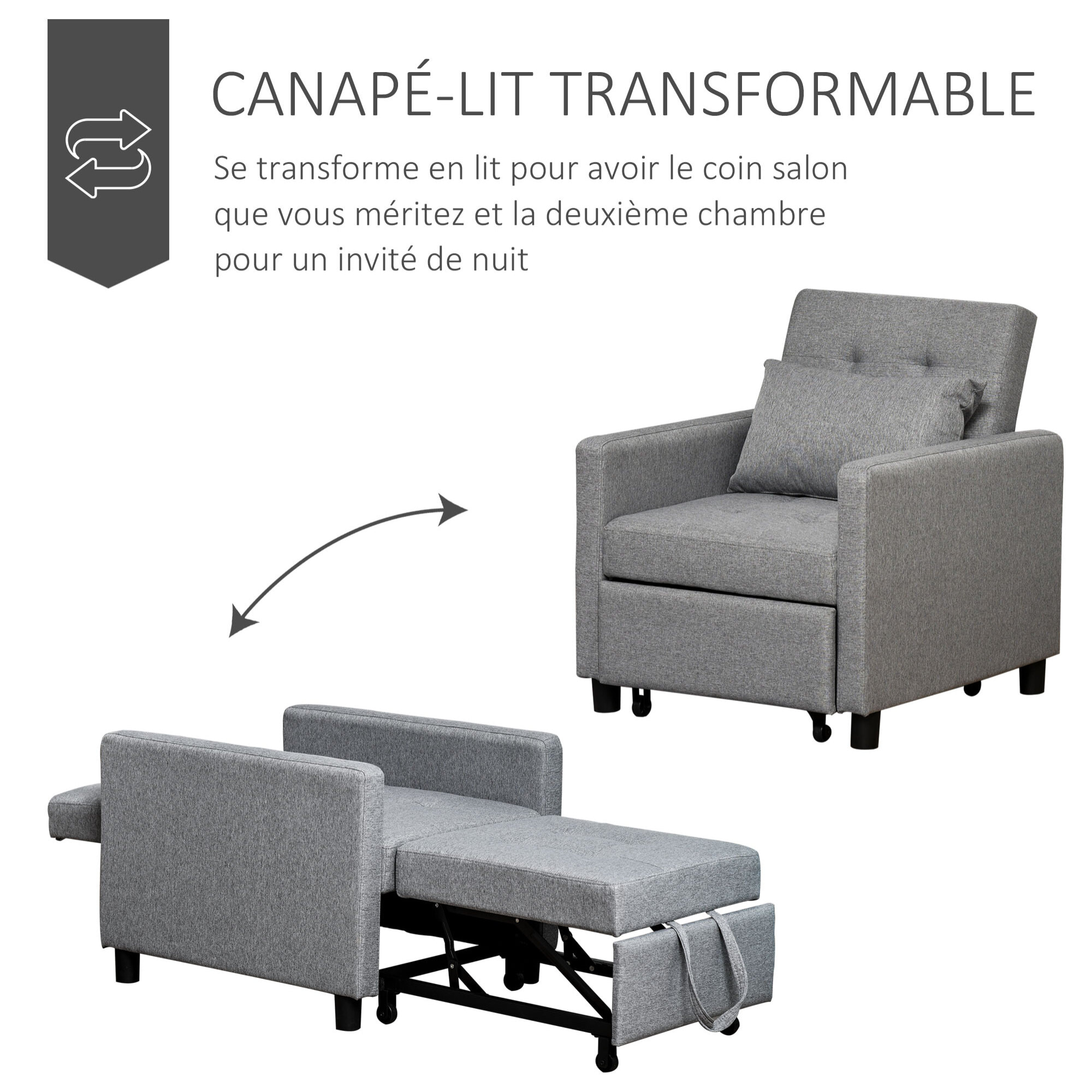 Fauteuil chauffeuse canapé-lit convertible 1 place dossier inclinable 3 positions coussin inclus polyester coton gris