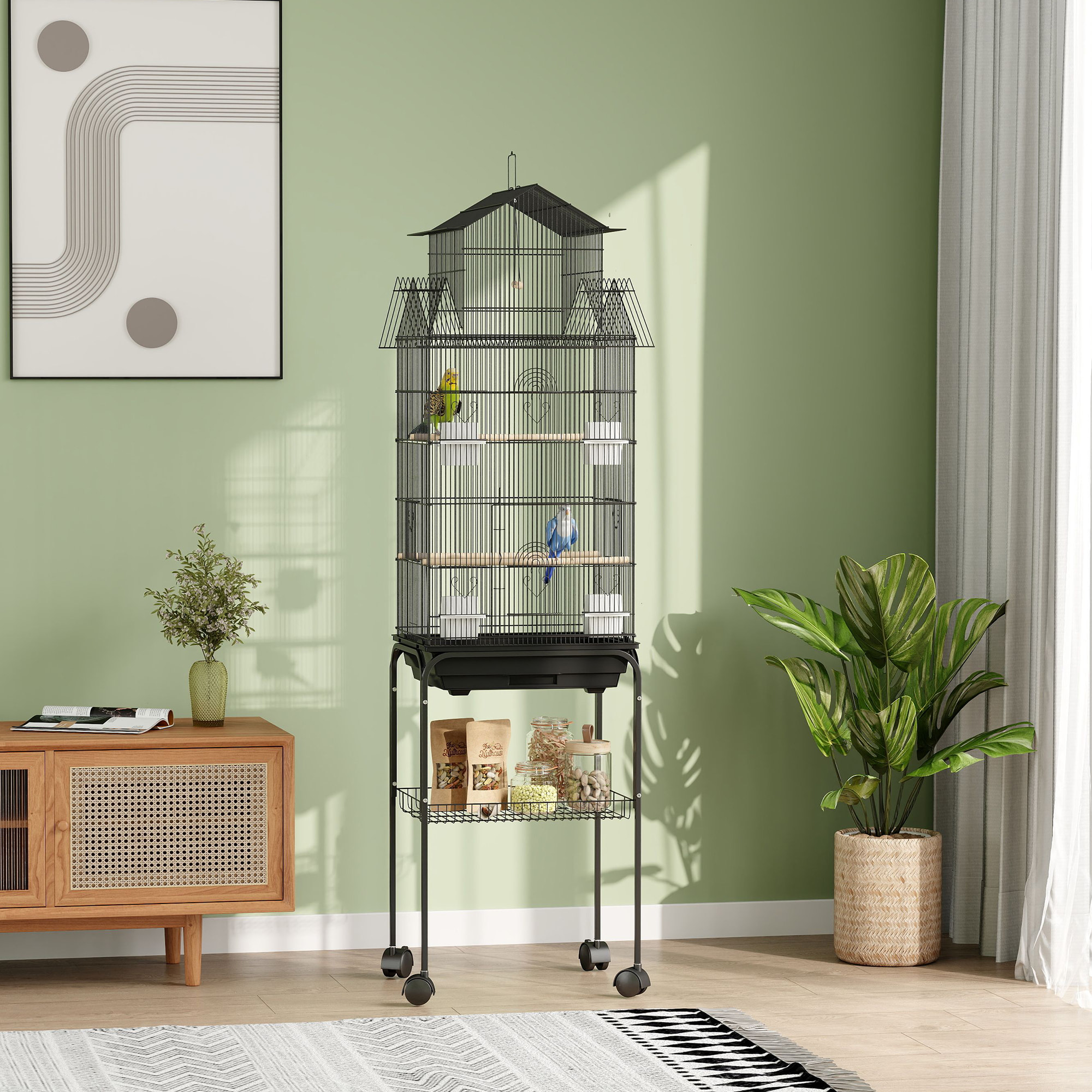 Cage à oiseaux design maison sur roulettes mangeoires perchoirs balançoire grande porte 8 trappes plateau déjection