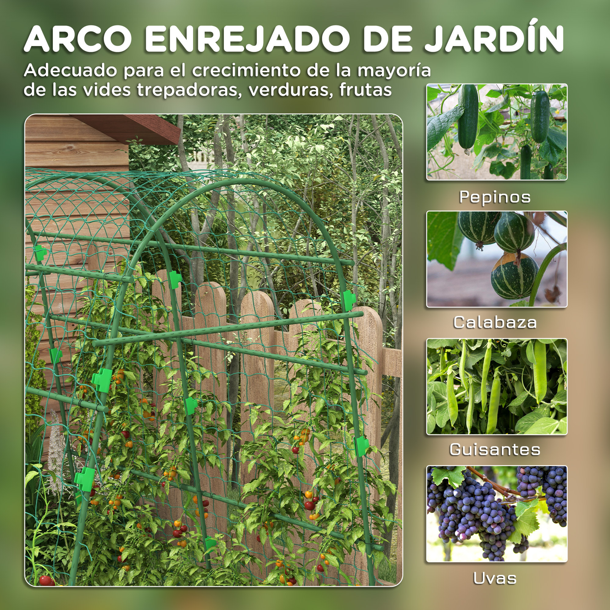 Enrejado de Pepino 206 cm, Enrejado de Jardín de Arco para Plantas Trepadoras al Aire Libre, en Forma de U, con Estructura de Acero Recubierta de PE y Red, Soporte para Verduras, Frutas