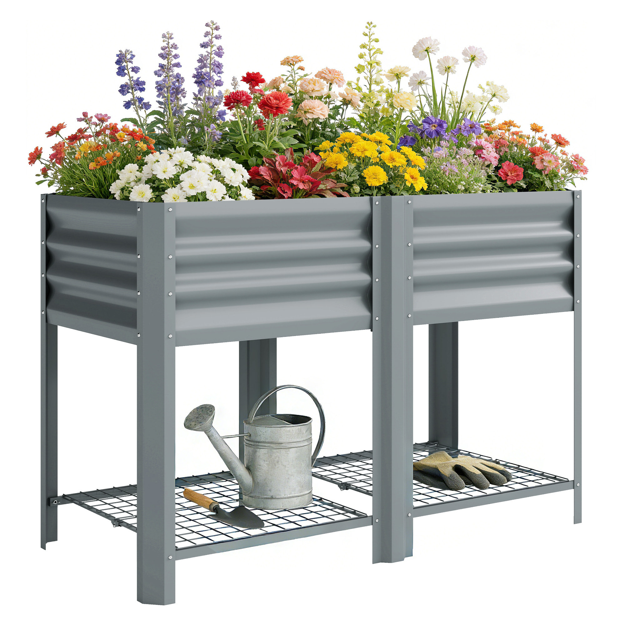 Huerto Urbano Elevado con Estante Inferior, Mesa de Cultivo de Metal Galvanizado con Forro y Guantes, para Cultivo, Plantas y Flores, 120x55x80 cm, Gris Plateado