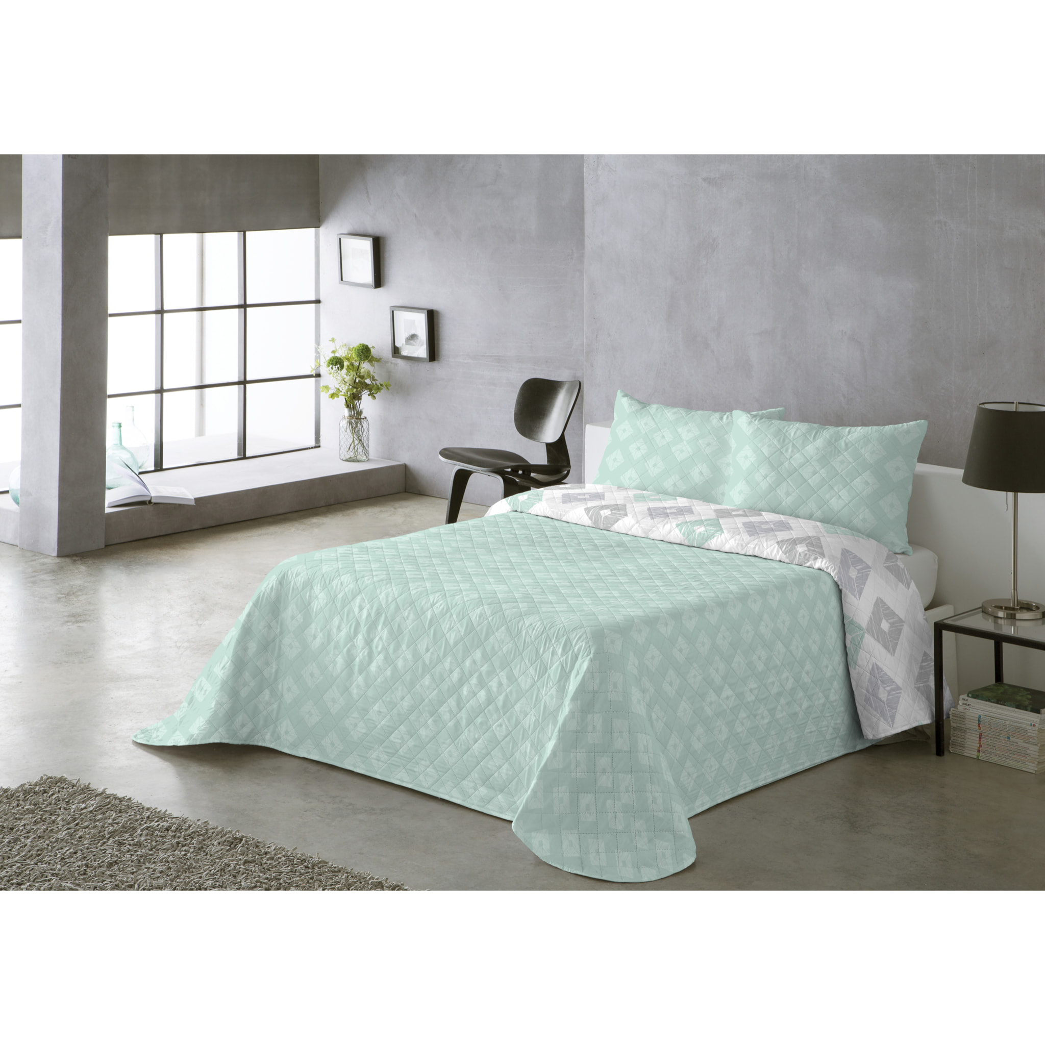 COLCHA ESTAMPADA REVERSIBLE ROMBOS AQUA