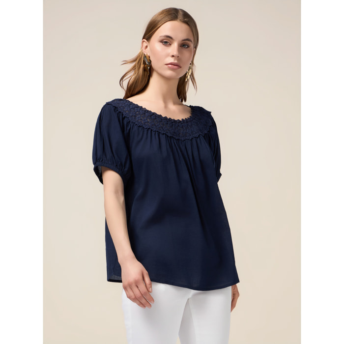 Oltre - Blusa de muselina con encaje - Azul