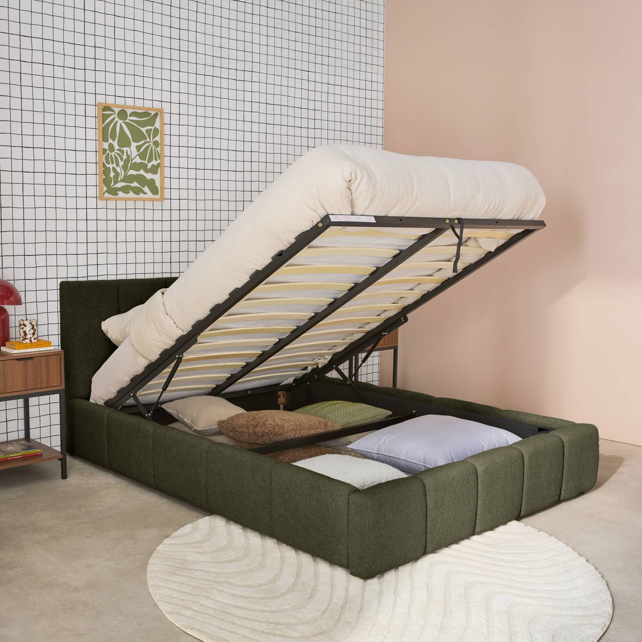 Lit coffre double avec sommier à lattes et tête de lit kaki finition bouclette texturée 140x190cm- Lex