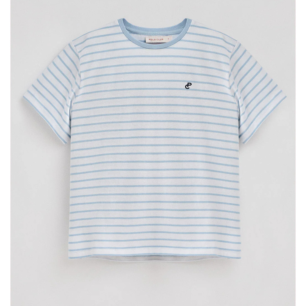 Camiseta de rayas azul claro y beige con monograma bordado