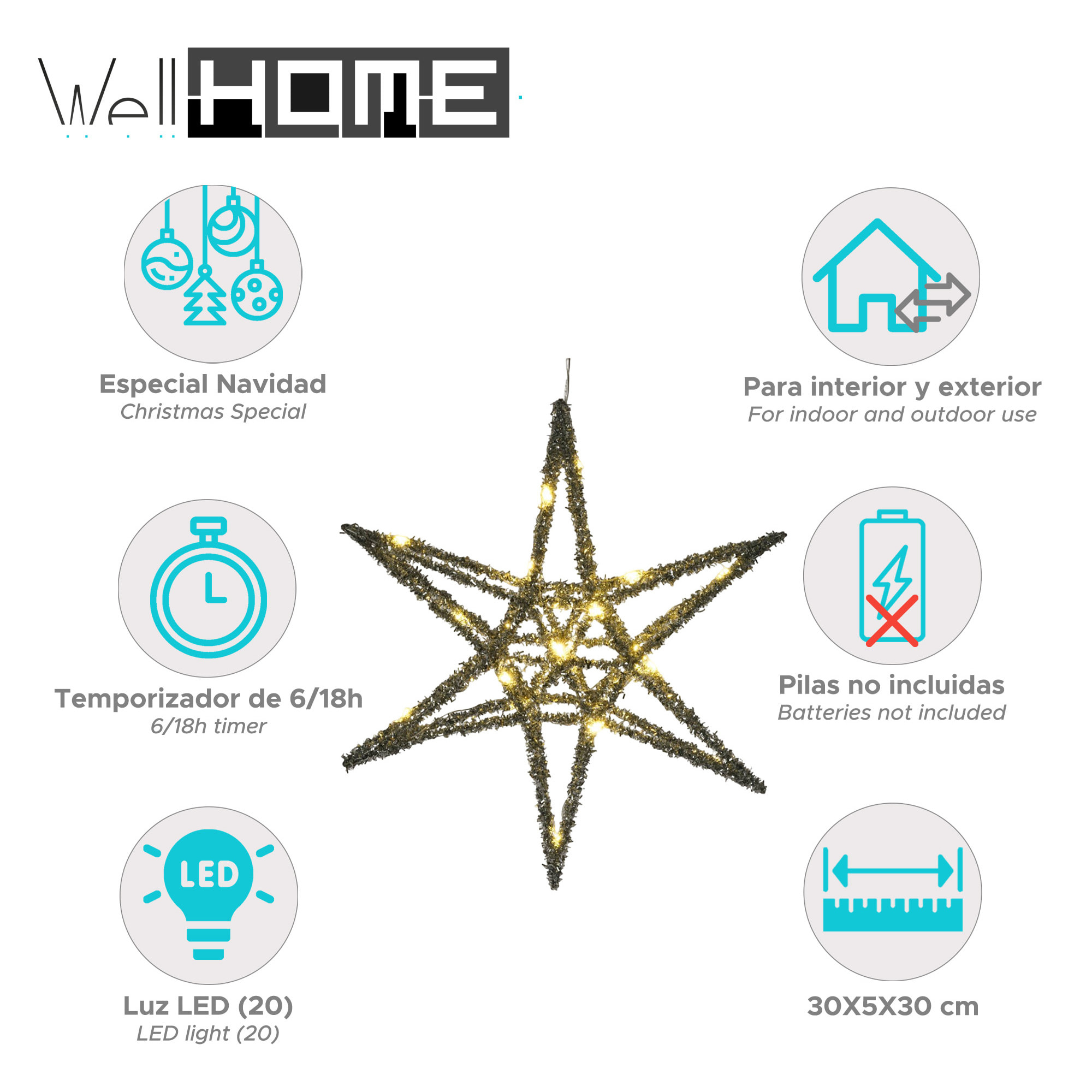 estrella navideña color plateado con 20 luces led blancas 30x5x30cm