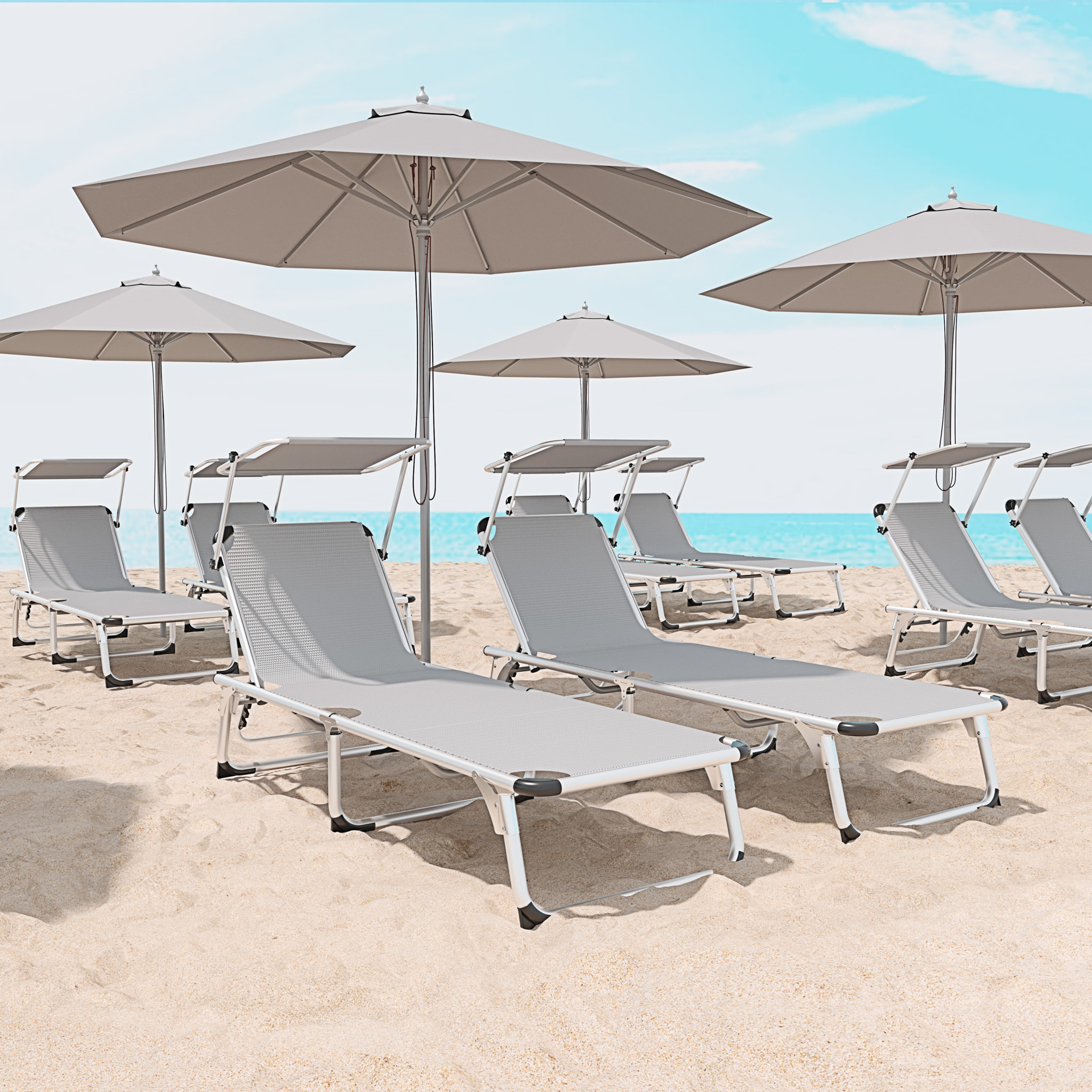 Coppia Di Lettini Pieghevoli Prendisole Tettuccio Parasole Schienale Regolabile In Alluminio Sdraio Spiaggia Mare Giardino Piscina 187x59x29 Cm Grigio