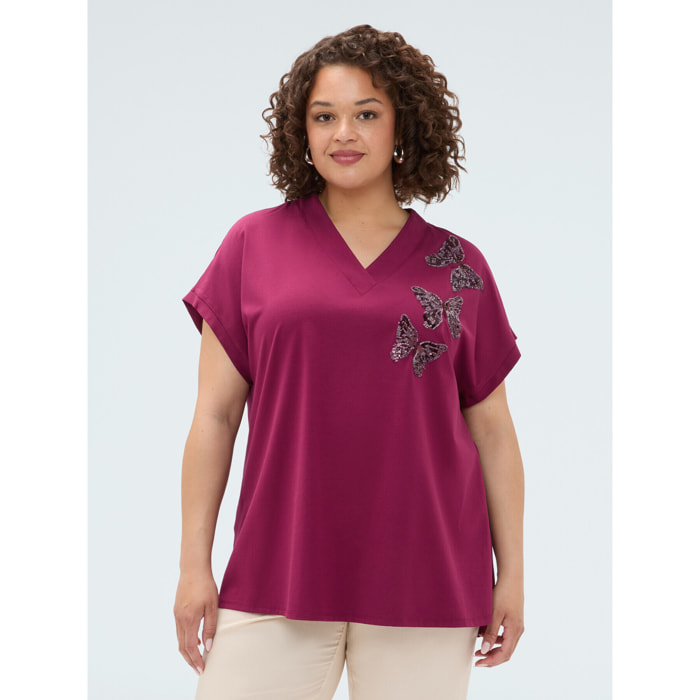 Fiorella Rubino - T-shirt bimaterica con farfalle in paillettes - Bordeaux