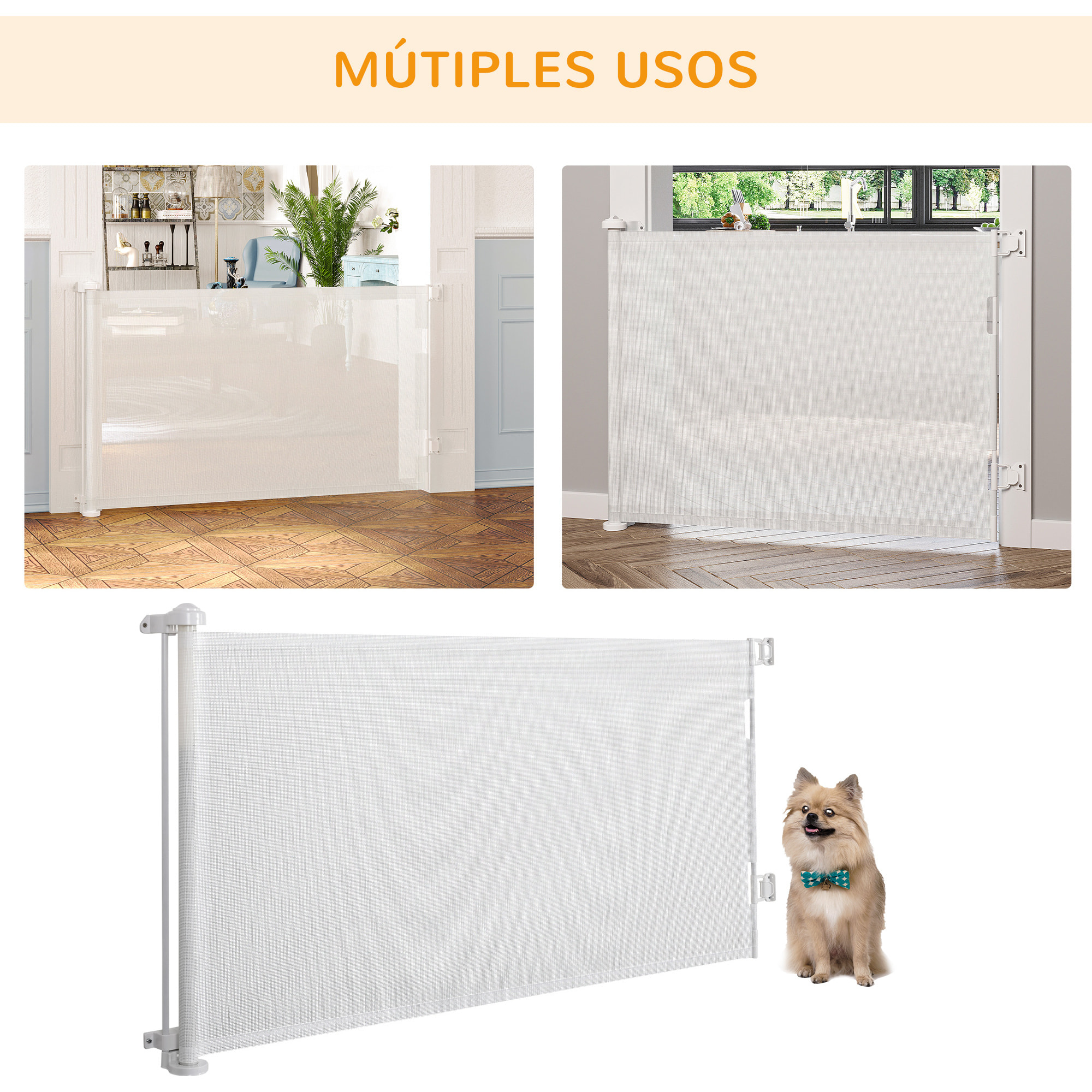 Puerta de Seguridad para Perros y Gatos Extensible 0-150 cm Puerta Retráctil para Mascotas Barrera para Escaleras y Pasillos Aleación de Aluminio 165x10,7x85 cm Blanco