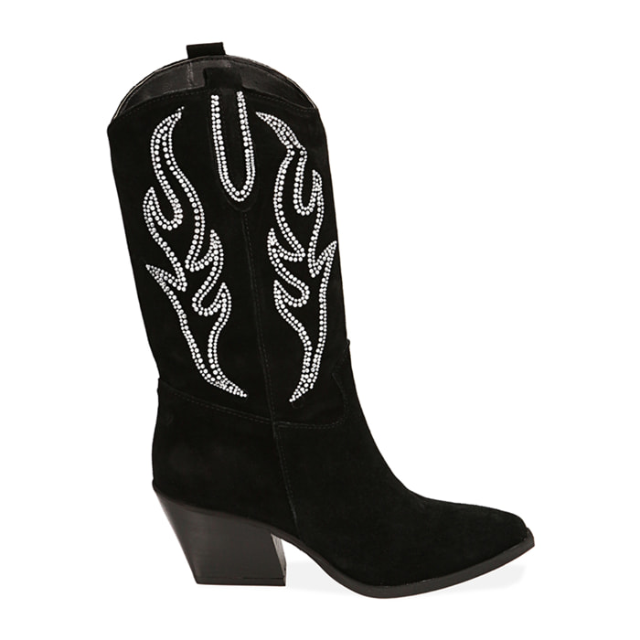 Stivali texani bassi neri in camoscio, tacco 7 cm