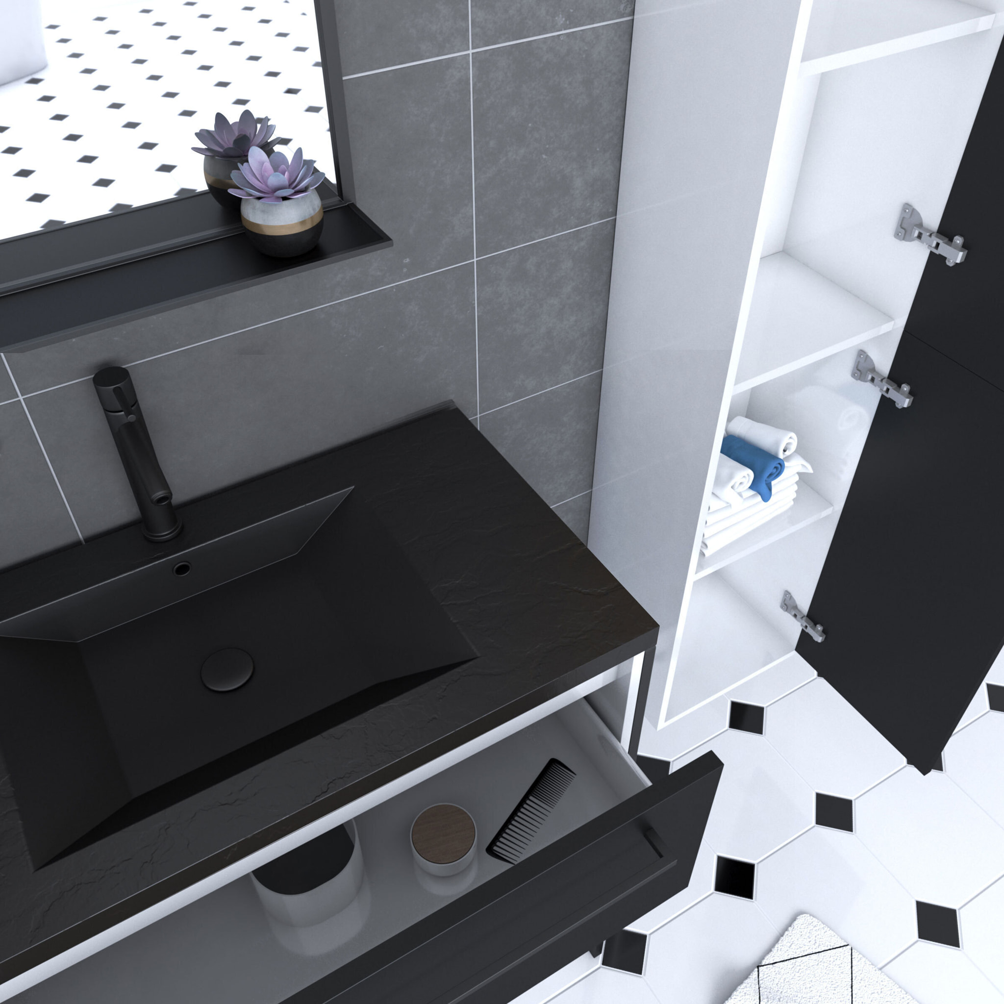 Ensemble meuble de salle de bain 80x50 cm - vasque noir effet pierre + colonne noir mat + miroir