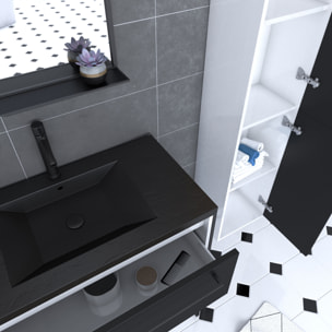 Ensemble meuble de salle de bain 80x50 cm - vasque noir effet pierre + colonne noir mat + miroir