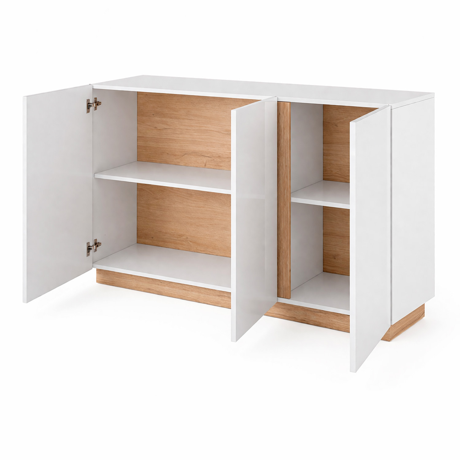 Credenza Soggiorno 3 Ante Madia Moderna Con Ripiani Interni Mobile Contenitore Design Elegante Oldenburg 138 x 40 x 90.5 Cm Bianco Lucido e Rovere