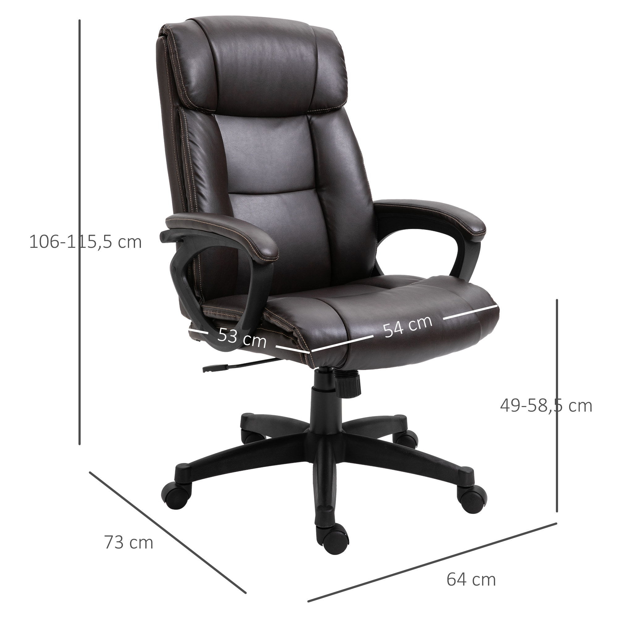 Fauteuil de bureau chaise de bureau ergonomique réglable roulettes pivotant 360° revêtement synthétique PU 64 x 73 x 106-115,5 cm chocolat