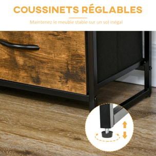 Buffet design industriel - 4 tiroirs, 2 niches, plateau - châssis acier noir MDF aspect bois avec veinage