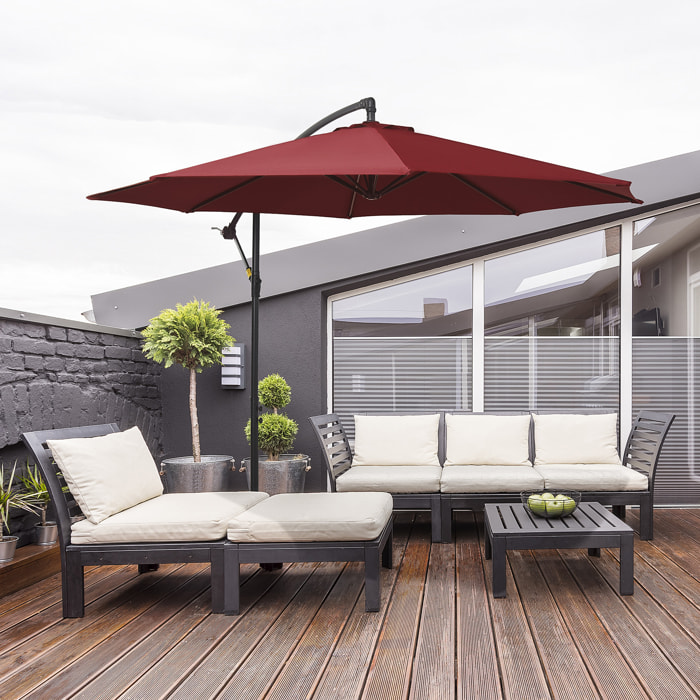 Parasol Excéntrico Ø 295 cm Sombrilla de Jardín con Ángulo Ajustable Base Cruzada y Manivela Sombrilla para Terraza Patio Granate