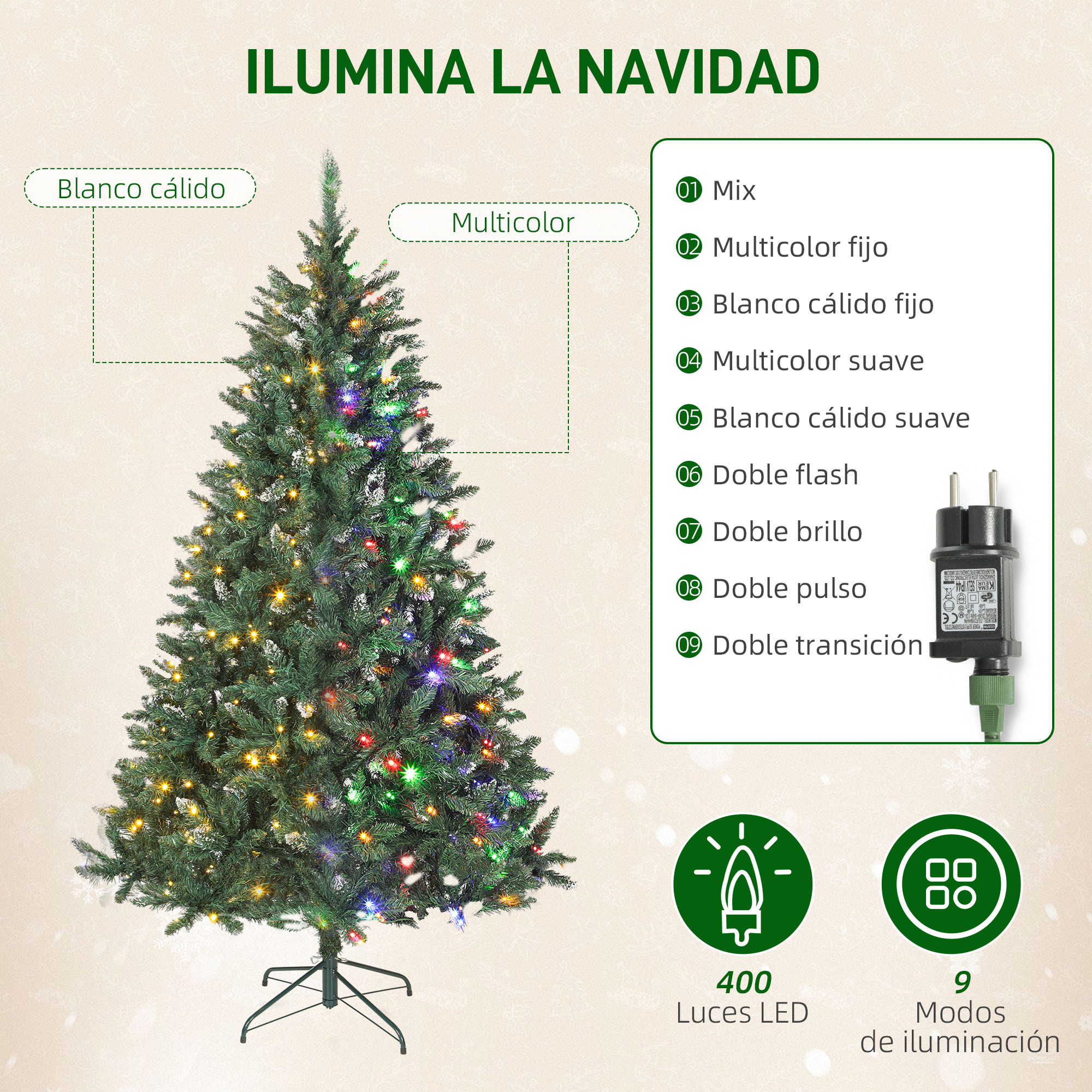 Árbol de Navidad 210 cm, Árbol Navideño de Abeto con Luces LED, 9 Modos de Iluminación, 1160 Ramas con Nieve Artificial, Soporte Metálico, Fácil de Montar, Verde
