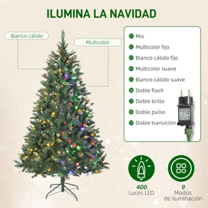 Árbol de Navidad 210 cm, Árbol Navideño de Abeto con Luces LED, 9 Modos de Iluminación, 1160 Ramas con Nieve Artificial, Soporte Metálico, Fácil de Montar, Verde