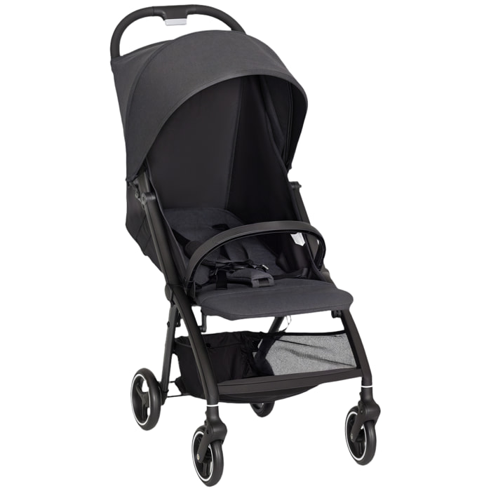 Silla de Paseo Ligera, Carrito para Bebé Plegable, Respaldo Reclinable, Reposapiés Ajustable, Capota, Cesta, Arnés de 5 Puntos, Carga Máxima 15 kg, Gris Oscuro