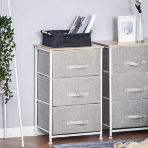Rangement 3 tiroirs chiffonnier métal blanc effet bois clair non tissé gris clair