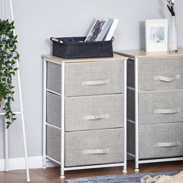Rangement 3 tiroirs chiffonnier métal blanc effet bois clair non tissé gris clair