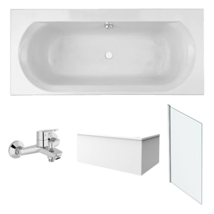 Pack baignoire 170 x 75 Elise + tablier angle + mitigeur bain douche mural Aimé chromé + pare bain chromé + vidage