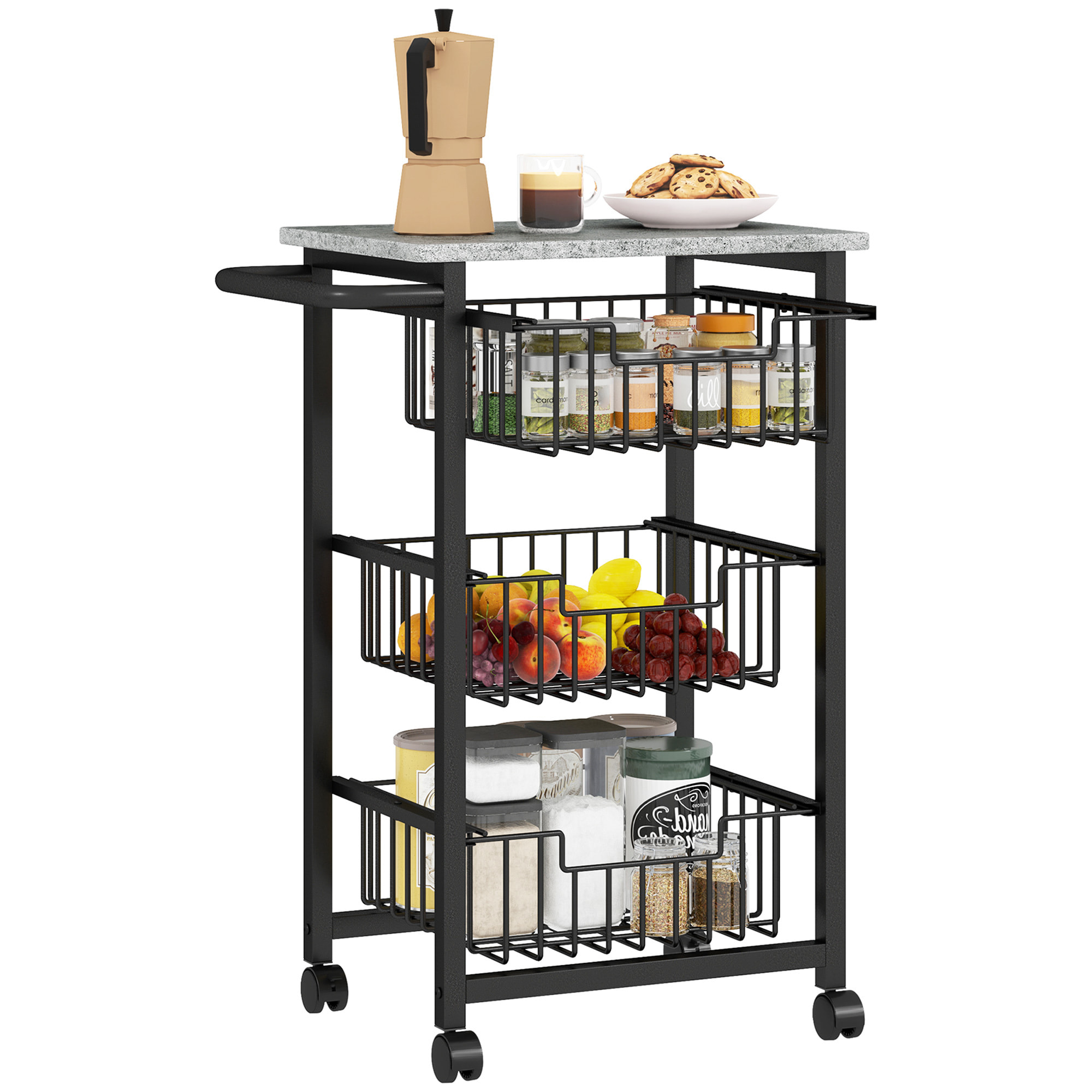 Carrito de Cocina Carrito Verdulero para Cocina con 3 Cestas Deslizables y Marco de Acero Carrito Auxiliar con Ruedas para Comedor 49,5x31x69 cm Gris Claro